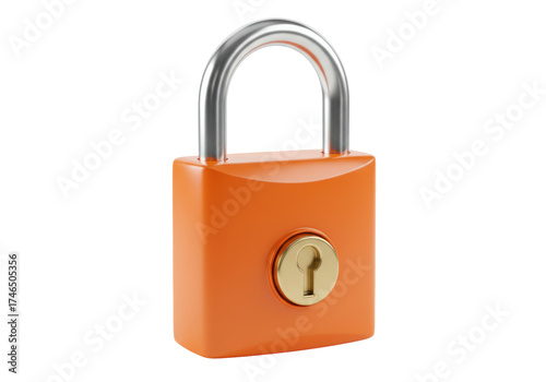 Isolated orange padlock a square lock on a clear backdrop for security and safety