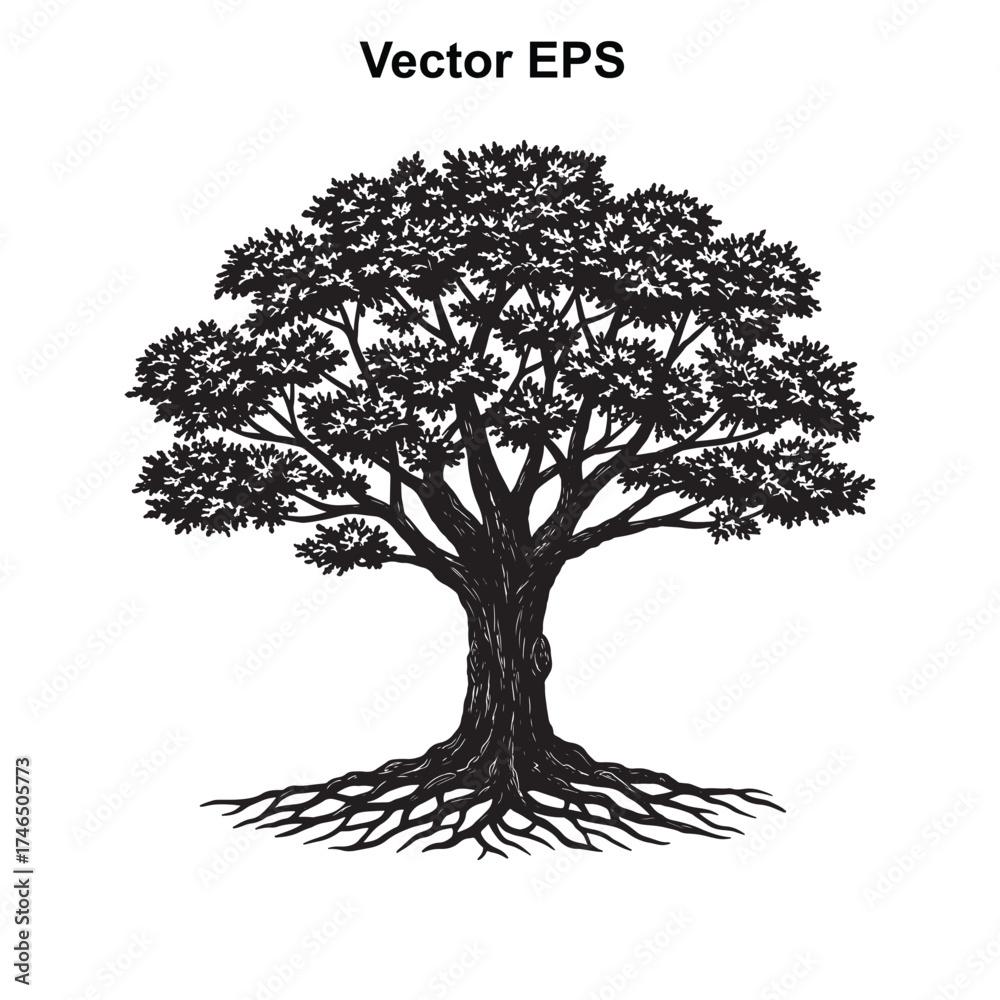 Fototapeta premium Vector art of detailed silhouette of a large tree with extensive roots