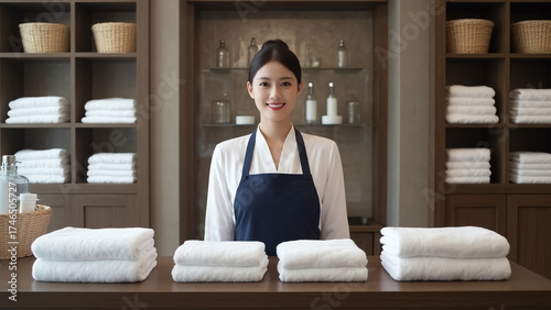An image of a woman standing behind a counter, neatly folding white towels