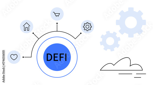 Circular blue core labeled DEFI connects to house, heart, shopping cart, gear icons, and abstract cogs. Ideal for blockchain, fintech, cryptocurrency, decentralization innovation technology simple