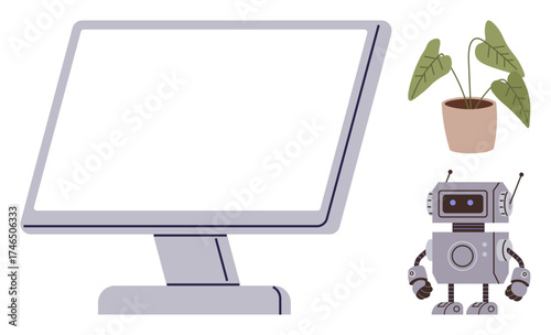 Robot beside modern monitor screen and leafy potted plant symbolize harmony of technology with nature. Ideal for AI, innovation, sustainability, environment, future, balance concept, flat metaphor