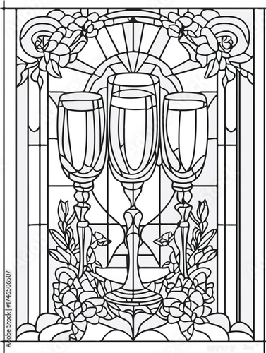 Aus der Serie: Malbuch für Erwachsene - Sekt und Champagner, mädelsabend, kirchenfenster, heilig, brauerei, sekt, heiligtum, wein, flasche, trinken, artnight, champaign, alke, vektor, cocktail, abbild