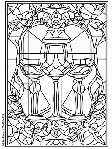 Aus der Serie: Malbuch für Erwachsene - Sekt und Champagner, mädelsabend, kirchenfenster, heilig, brauerei, sekt, heiligtum, wein, flasche, trinken, artnight, champaign, alke, vektor, cocktail, abbild