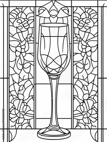 Aus der Serie: Malbuch für Erwachsene - Sekt und Champagner, mädelsabend, kirchenfenster, heilig, brauerei, sekt, heiligtum, wein, flasche, trinken, artnight, champaign, alke, vektor, cocktail, abbild