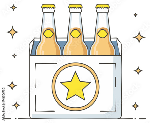 Illustration of a six pack of drinks in bottles with a star on the packaging and sparkles
