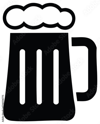 A bold black icon of a glass beer stein overflowing with a foamy head