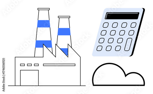 Factory with smokestacks, calculator, and cloud reflecting industrial operations, data analytics, and technology integration. Ideal for economy, manufacturing, sustainability, finance innovation