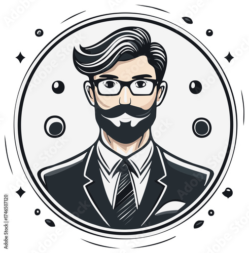 Cartoon-styled Man with Mustache and Glasses in Suit with Circle Border