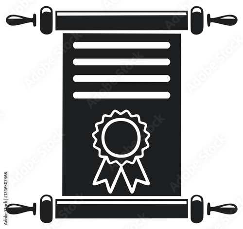 Award Seal Certificate Scroll Black and White Icon Official Document Vector Illustration