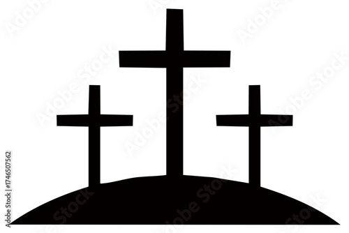 Three dark crosses on a hill symbolizing faith and religion