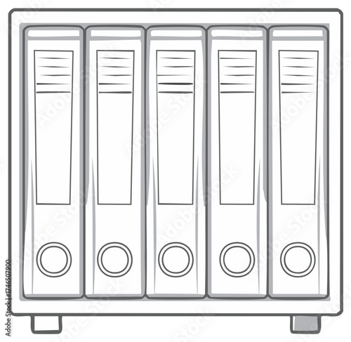 Five neat gray office binders standing on a shelf, symbolizing organized document management and business archives.