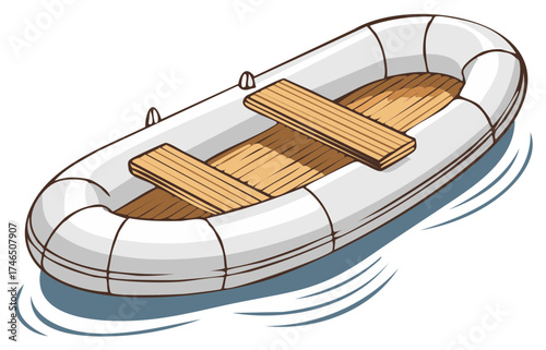 Cartoon illustration of a white inflatable boat with wooden seats and water ripples.