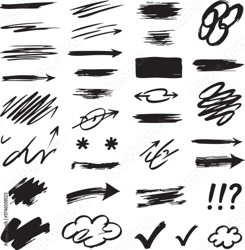 Collection of hand drawn brush strokes and arrows in black and white