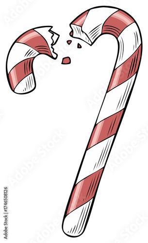 Broke Red and White Striped Candy Cane - A festive treat shattered into pieces with candy bits falling, holiday season.