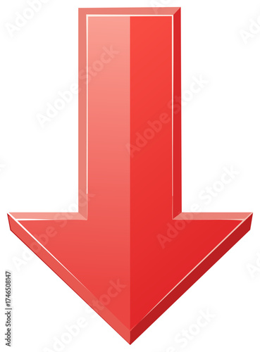 Glossy red down arrow pointing straight down isolated on a white background