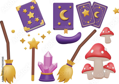 Mystical Still Life Brooms Spellbooks and Enchanted Fungi Capture the Magic of Witchcraft and the Whimsical Charm of
