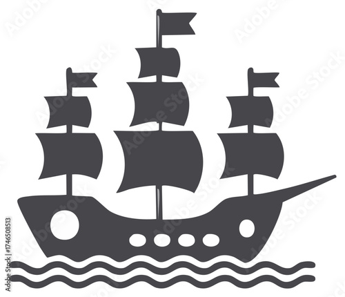 Classic tall sailing ship silhouette icon with three masts sailing on ocean waves vector illustration
