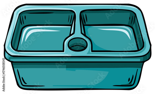 Cartoon illustration of a teal double sink with a central circular opening.