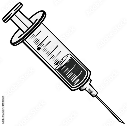 Illustration of a Medical Syringe Filled with Dark Liquid for Injections