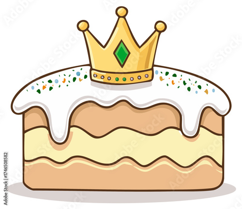 Cartoon King Cake with a golden crown for Mardi Gras or Epiphany celebration