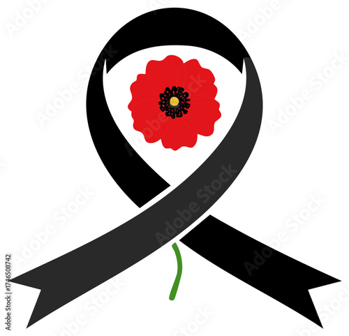 Black mourning ribbon with a red poppy flower symbol of remembrance and loss