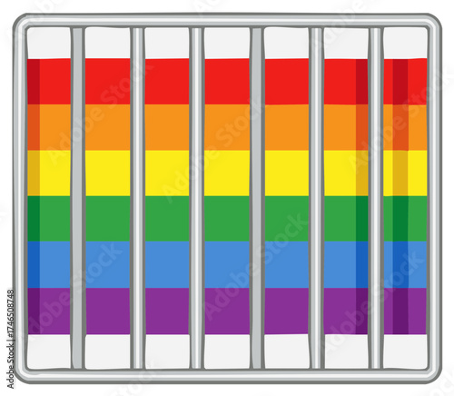 Colorful Rainbow Flag Behind Metal Prison Bars Expressing Tolerance and Freedom