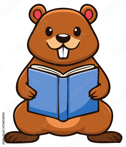 Cute cartoon beaver character reading a book. An adorable animal student mascot for learning and education.