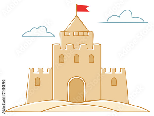 Cartoon sandcastle illustration with red flag and fluffy clouds in a whimsical style