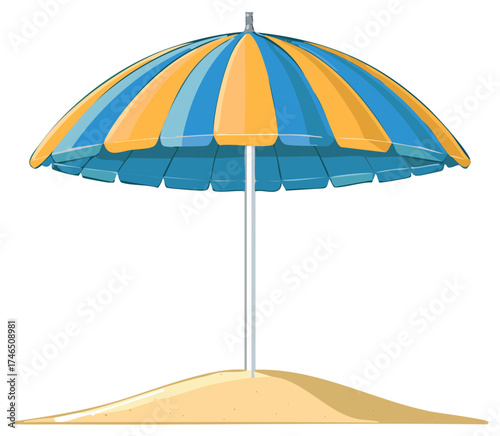 Beach Umbrella in the Sand Cartoon Illustration Striped Yellow and Blue Summer Holiday Decoration Accessory