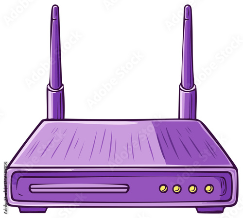 Illustrated violet wireless router with two antennas, network device cartoon