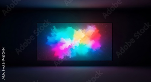 Vibrant Abstract Neon Smoke Cloud Displayed on Dark Futuristic Wall Screen