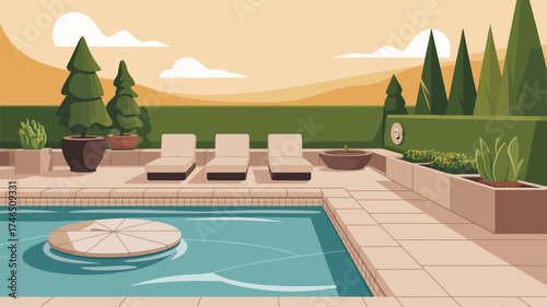 Illustration of a backyard pool with lounge chairs and plants under a bright sunny sky outdoors