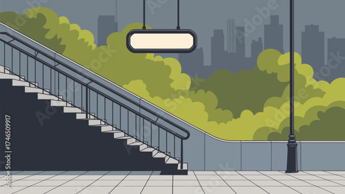 A cartoon illustration of a staircase leading to a city with a blank sign hanging above it near trees