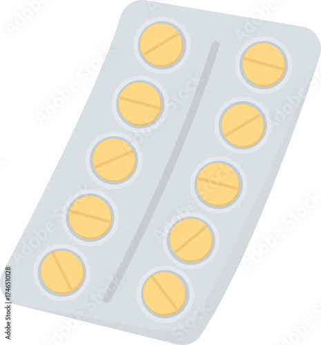 Illustration of a blister pack with round yellow tablets. Medical pills isolated on white background