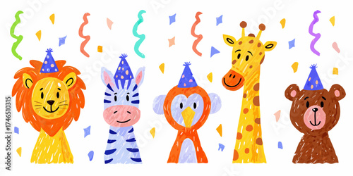 Cute cartoon safari animals wearing party hats celebrating with confetti and streamers