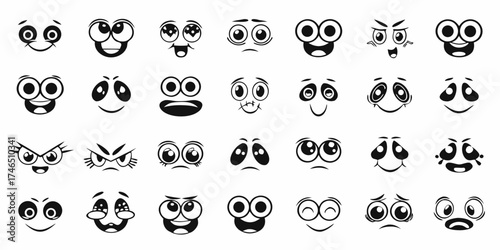 Collection of cartoon facial expressions and emotions in black and white vector art