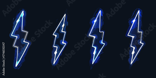 Four stylized blue lightning bolt icons with a dark background and glowing effect