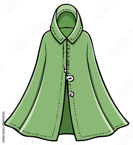 Green Hooded Cape Illustration with Toggle Buttons and Stitched Edges Stylized Outerwear Fashion Design