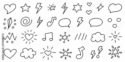 Collection of hand drawn doodle icons featuring hearts stars lightning bolts music notes clouds and speech bubbles