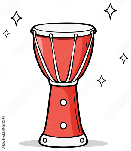 Hand drawn red goblet drum with outline and sparkles musical instrument icon illustration