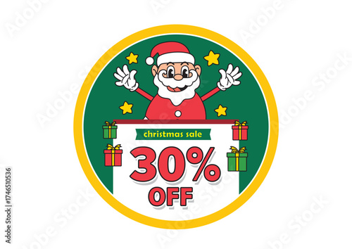 Cheerful round Christmas sale sign displaying Santa Claus with gifts and a 30 percent discount to attract holiday shoppers