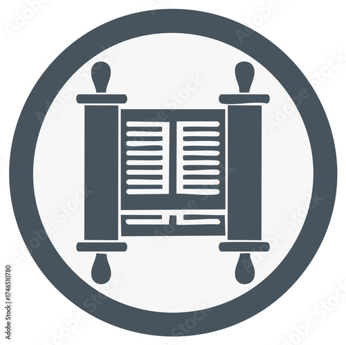 Stylized icon of an ancient Torah scroll or sacred scripture symbol in a dark circular frame