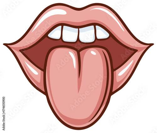 Open mouth with pink lips and a protruding pink tongue and white teeth illustration