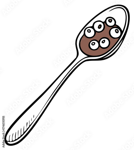 Line art illustration of a spoon with humorous eyeball-shaped sweets in a brown dessert