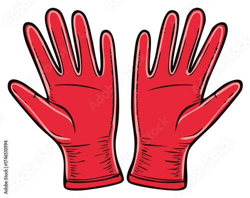Bright red rubber cleaning gloves graphic isolated for hygiene and protection.