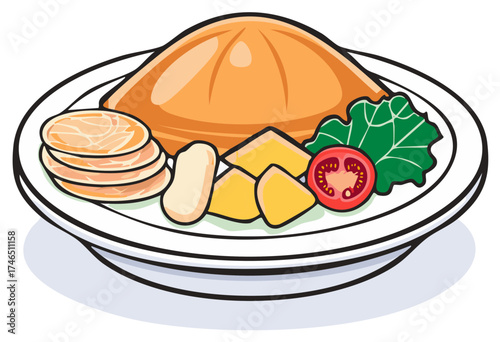 Traditional cultural meal illustration featuring a staple food mound and fresh vegetables on a plate