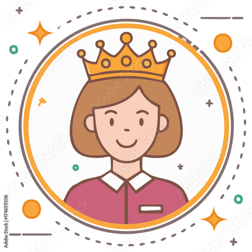 Stylized vector portrait illustration of a happy young woman wearing a golden crown within a decorative circle