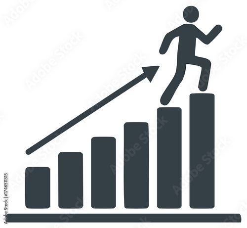 Human Figure Progressing Up Bar Graph Chart with Rising Arrow Pointing Upward