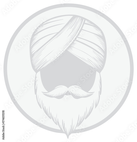 Illustration of a turban and beard within a circle. Religious identity concept.