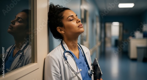 A healthcare professional, in a lab coat and stethoscope, pauses in a quiet hallway. With closed eyes, they reflect on work, conveying exhaustion and resilience needed in healthcare.